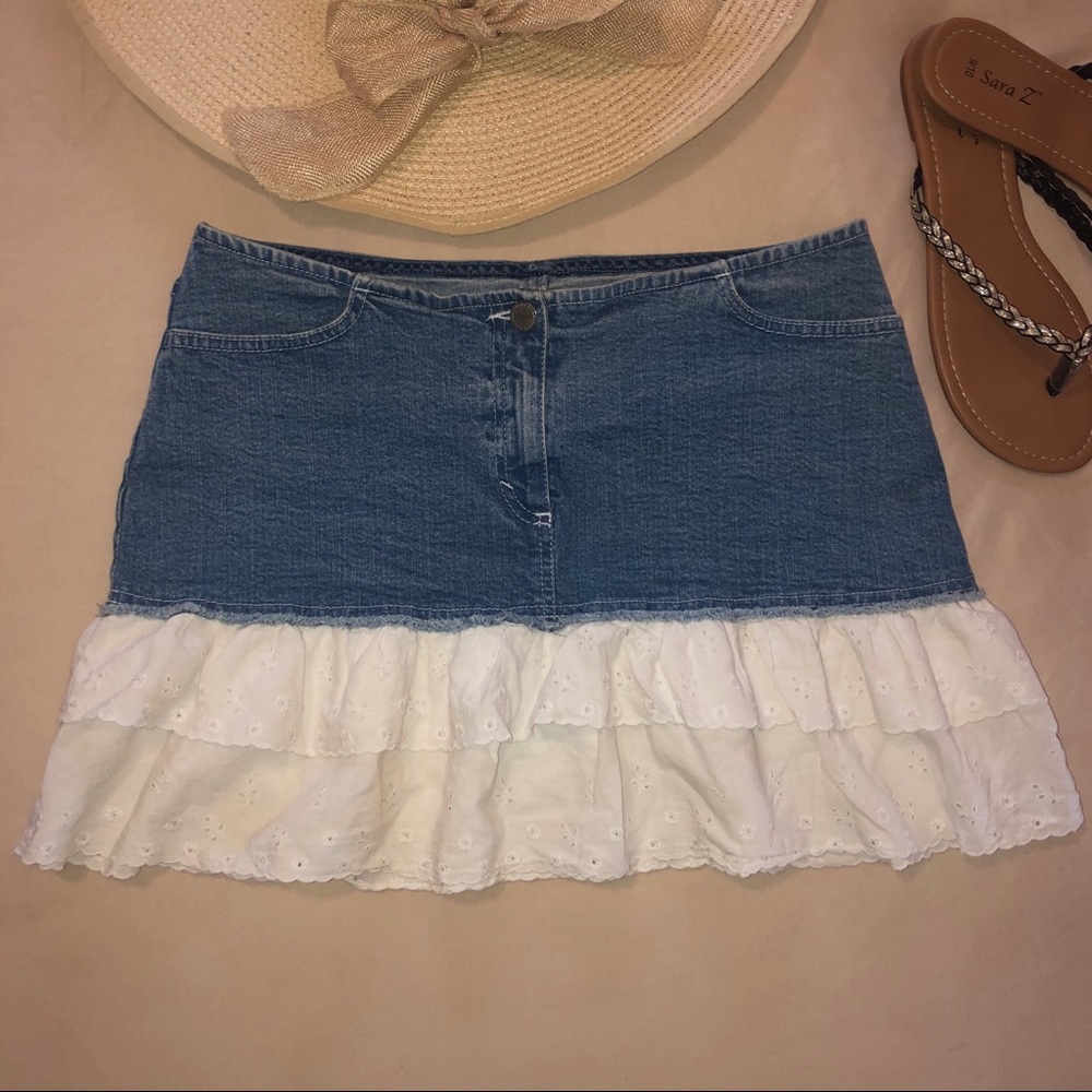 Vintage Benetton Denim and Eyelet Lace Skirt Sz 44